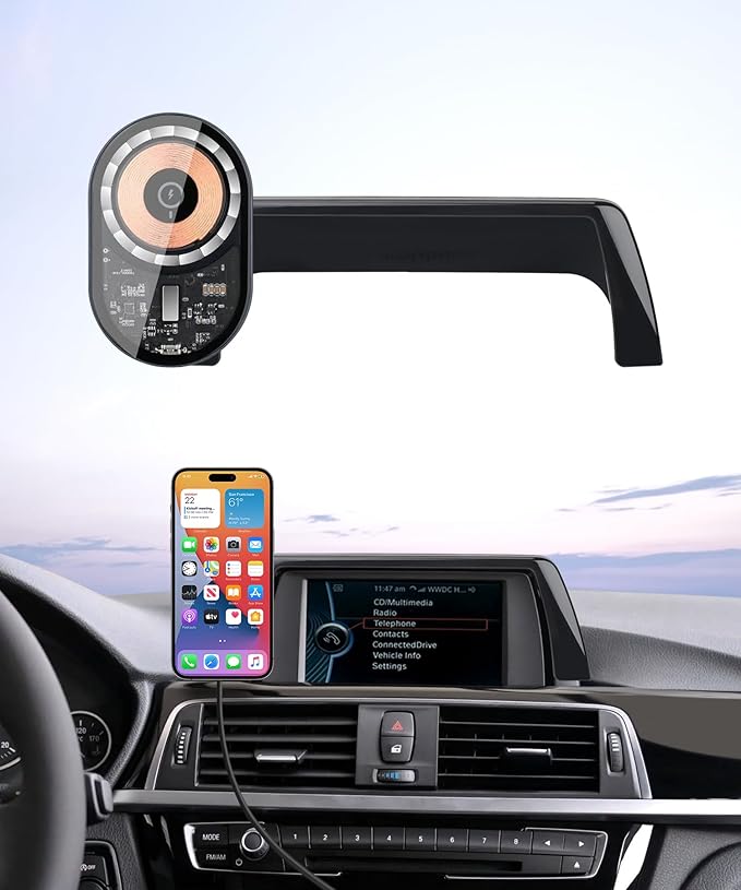 Wireless Charging Car Phone Holder for BMW 3 Series 2012-2018/2 Series/4 Series 2014-2018, 6.5" Screen Fixed Clip, 360° Rotation Car Phone Mount Compatible with MagSafe