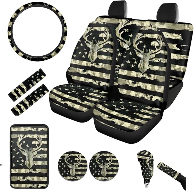 BIGCARJOB American Flags Deer Car Seat Cover Set 12 Pcs Universal Steering Wheel Covers,Armrest Pads,Coaster-Animal Deer Print Auto Seat Protector Full Set,Fit Most Vehicle,Cars,Sedan