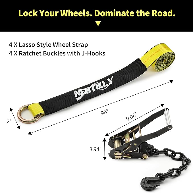 4 Pack Tire Tie Down Straps for Trailers – 2" x 96" Lasso Wheel TrailerRatchet Straps with Chain Anchors, Heavy Duty 9900 lbs Break Strength,UTV, SUV, Truck Trailer Hauling, Yellow