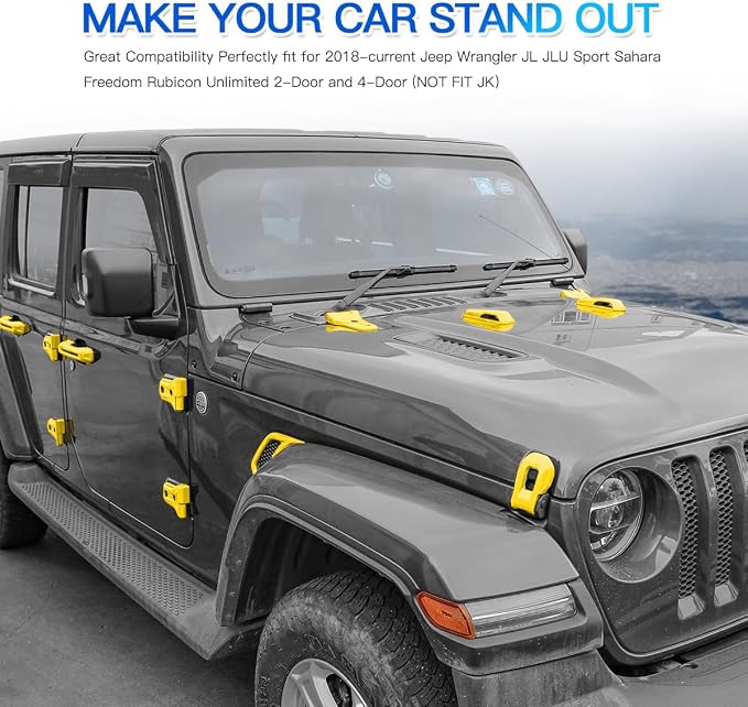 Barong for Jeep Wrangler JL JLU 2018-2025 Accessories Exterior Decoration Door Hinge Handle Engine Hood Hinge Hood Latch Wheel Eyebrow Side Air Outlet Rear Window Hinge Cover 26PCS Full Set(Yellow)