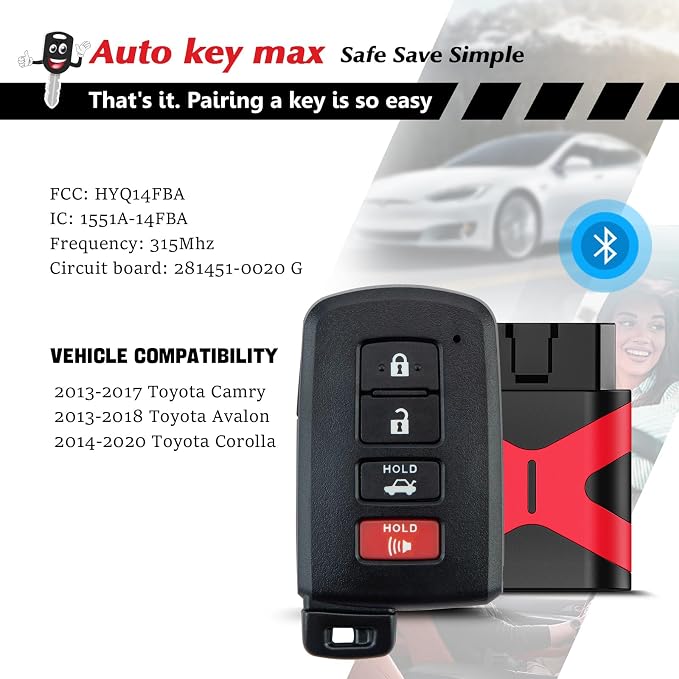 Programmable Keyfob, Replacement Car Keys Fob and DIY Programmer Kit for 2013 2014 2015 2016 2017 RAV4/Camry/Corolla/Tacoma/Tundra Smart Remote HYQ14FBA 281451-0020 (4 BTN (SUV) Programmer Kit)