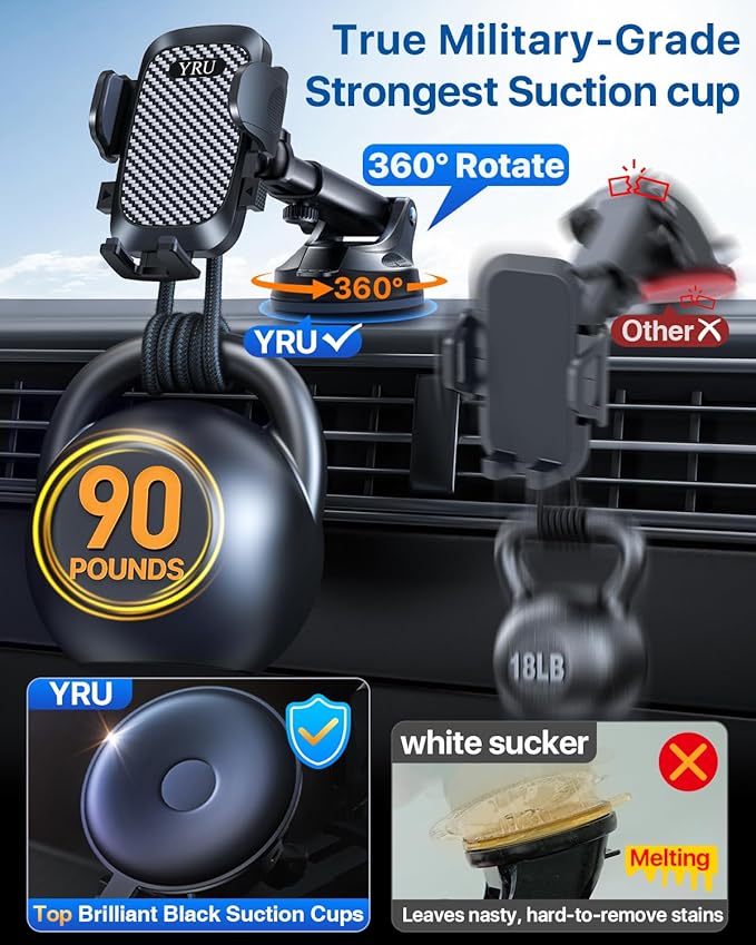 YRU True Military-Grade [360° Rotation Suction] 2026 Ultimate Car Phone Holder Mount 【90+LBS Safest Strongest & Patent Certs】 Dash Windshield Vent for iPhone 17 16 Pro Max Speaker Stands, Gloss Black