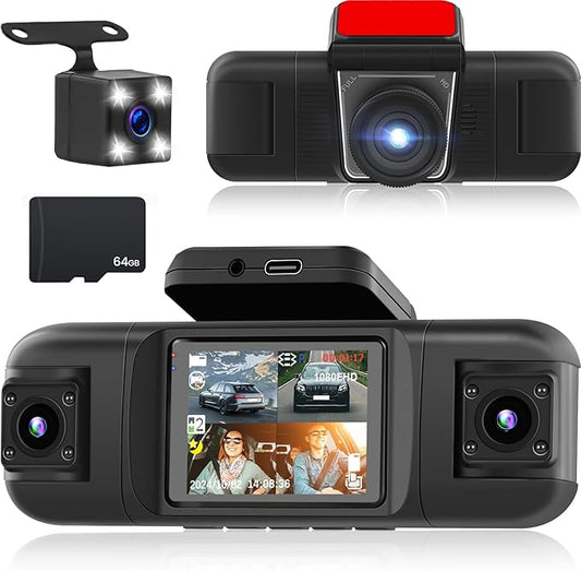 NHOPEEW 4 Channel Dash Cam 360° View, 1080P Front and Rear Inside Left Right Dash Camera for Cars - 2 inch IPS Screen Car Cameras with 8 IR Night Vision, Built-in Stereo, Loop Recording + 64G TF Card