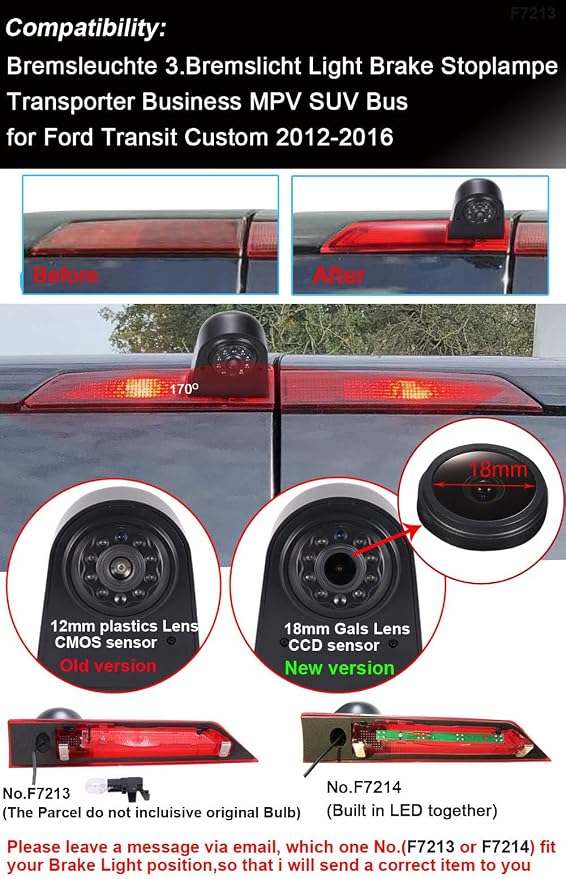 1280 * 720 Pixel Third Roof Brake Lamp Car Backup Camera Replacement for Ford Transit Custom 2012-2016 Dritte 3 Reverse Parking Camera Waterproof Night Vision+4.3" Reverse Mirror