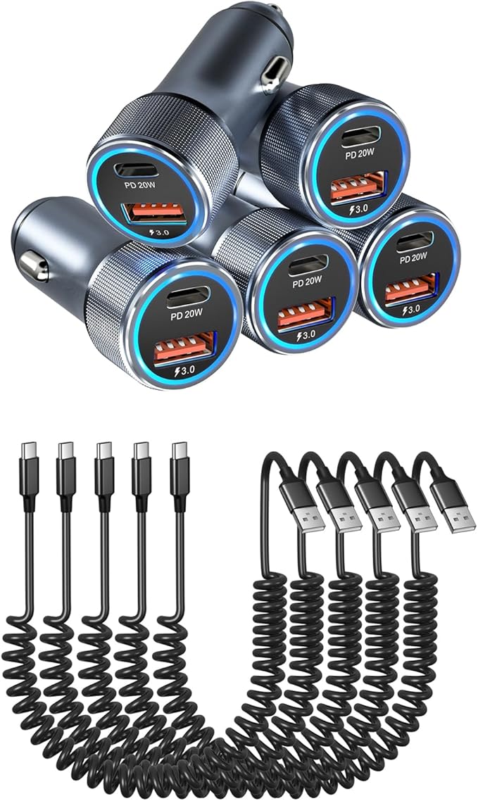 36W USB C Car Charger with 60W USB Type C Coiled Cable PD&QC 3.0 Fast Charging Cigarette Lighter USB Charger for iPhone, Galaxy, Pixel Devices