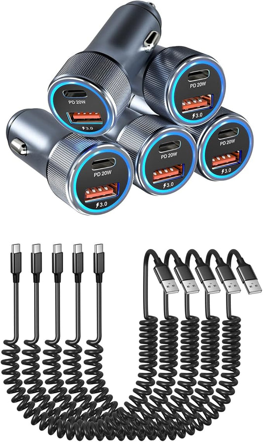 36W USB C Car Charger with 60W USB Type C Coiled Cable PD&QC 3.0 Fast Charging Cigarette Lighter USB Charger for iPhone, Galaxy, Pixel Devices