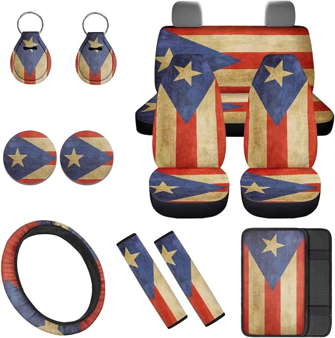 Vintage Puerto Rico 12 Pack Car Seat Covers Full Set with Auto Seat Belt Cover Car Armrest Cushion Cars Cup Coasters Steering Wheel Cover Universal Fit Most Cars SUV