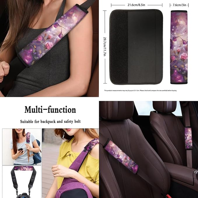 8 Pcs Hummingbird Rose Print Car Interior Accessories for Women, Car Seat Covers with Auto Steering Wheel Cover, Auto Center Console Pad, Seat Belt Covers, Automotive Decorations