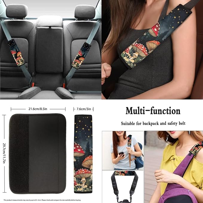 8 Pcs Moon Mushroom Car Seat Covers Full Set Car Accessories for Women Front Seat Cover Steering Wheel Armrest Cover Seat Belt Cover for Auto SUV Interior Decoration