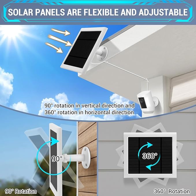 IP65 Solar Panel Outdoor for Ring Cameras (White 2P) Spotlight Cam Plus/Pro Stick Up Cam/Pro Wireless Outdoor with 10FT/3M Long Cable Dustproof Waterproof