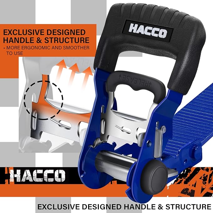 HACCOPLANET Ratchet Straps, 5280lb Break Strengeth, 1.6" Heavy Duty Ratchet Tie Down Strap Set w/Padded Handle, S Hook, Soft Loop for UTV Motorcycle Truck Cargo Straps (Blue, 8FT)