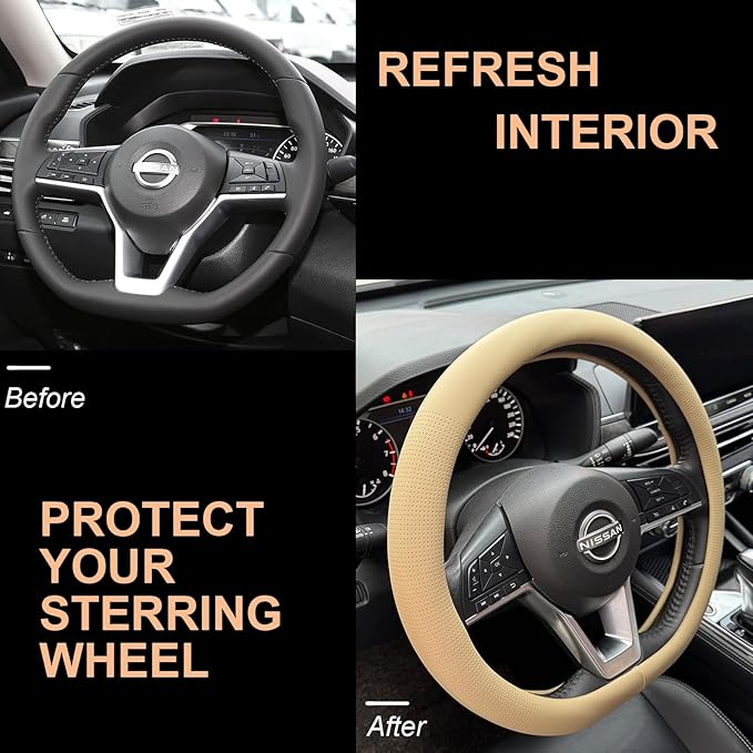 PINCTROT D Shaped Nappa Leather Steering Wheel Cover, Slim Fit No Bulk Design, One Piece Leather with Breathable Perforation, Fit Like Gloves, Flat Bottom 14.5-15 Inch(Nappa Light Taupe)