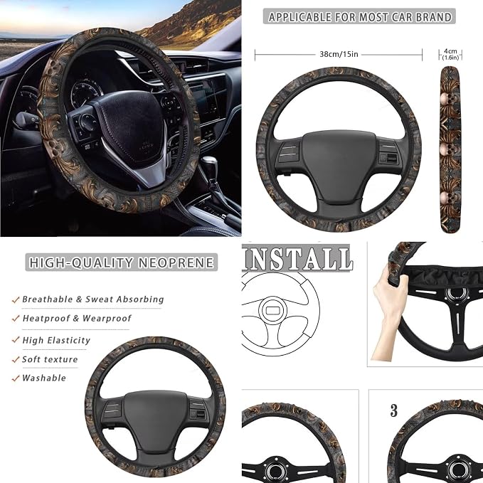 Skull Printed Car Seat Cover Full Set with Steering Whell Cover Seatbelt Cover Washable Auto Seat Protector Universal Auto Interior Accessories, Brown