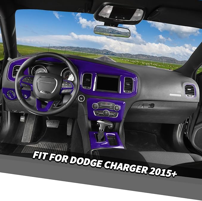 Jimen Fit for Dodge Charger 2015-2023, 12PCS Interior Trim Kits - Center Console Dash Panel, Air Conditioning Control Panel, Gear Shift Cover, Headlight Switch Frame (Purple)