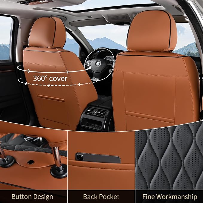FLORICH Car Seat Covers Full Set Automotive Seat Covers with Lumbar Support Premium Nappa Leather Waterproof Seat Covers for Car 5 Seats Universal Fit for Most Car Truck SUV, Brown&Black