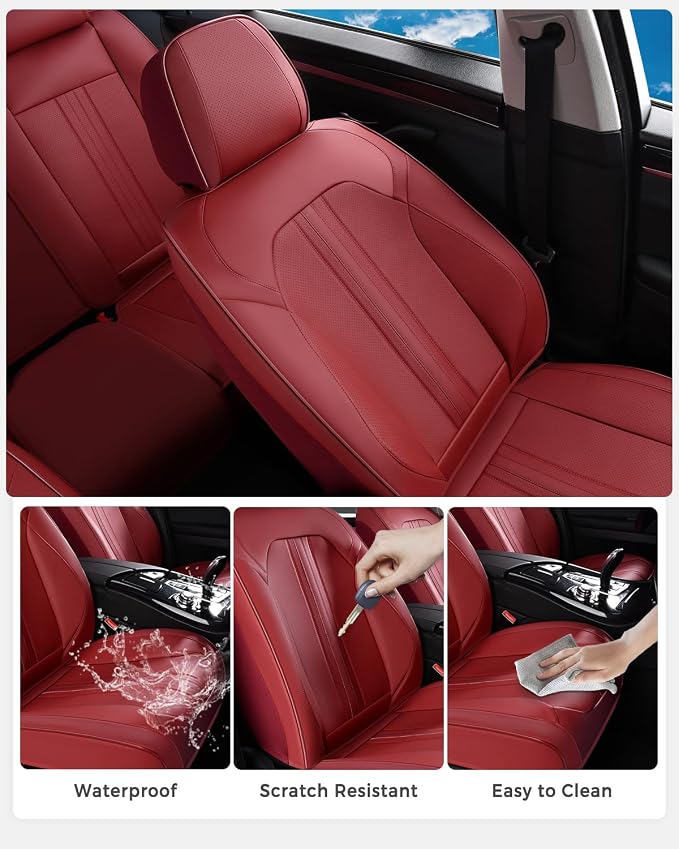 Huidasource Red Front Seat Cover, Luxury Faux Leather Front Car Seat Cover, Compatible with Airbags, Seatbelt Buckles, Perforation, Cooling＆Heating, Universal Fit for Most Cars, Vans Trucks, SUVs, Red