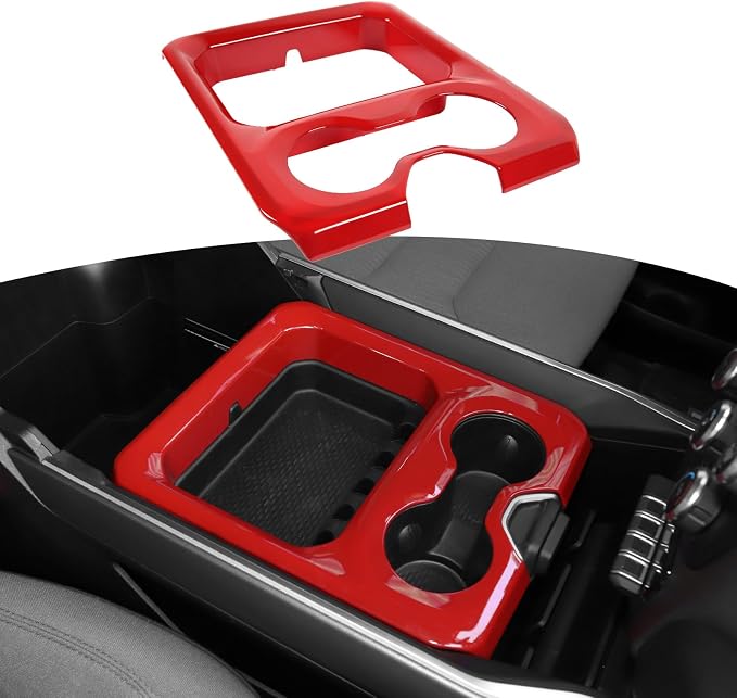 RT-TCZ for RAM Center Console Cup Holder Trim Cover Red for Dodge RAM 2018 2019 2020 2021 2022 2023 Red Interior Accessories
