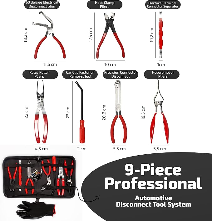 9 PCS Electrical Disconnect Pliers-Fuel Line Disconnect Tool Set-Automotive Electrical Terminal Connector Separator Removal Kit with Relay Puller, Hose Clamp Pliers-Terminal Pin Removal Tool