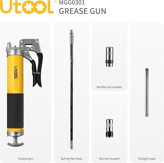 UTOOL Grease Gun | 8000 PSI Heavy Duty Pistol Grip Grease Gun Kit, 14 oz Capacity, 18 Inch Resin Flex Hose, 2 Basic Coupler and 1 Extension Rigid Pipe