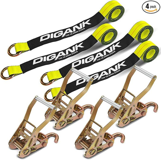 Car Tie Down Straps (4PK) with J Finger Hook Lasso Ratchet Strap 2 Inch x 96 Inch- for Any Car, SUV, Jeep or Sports Car