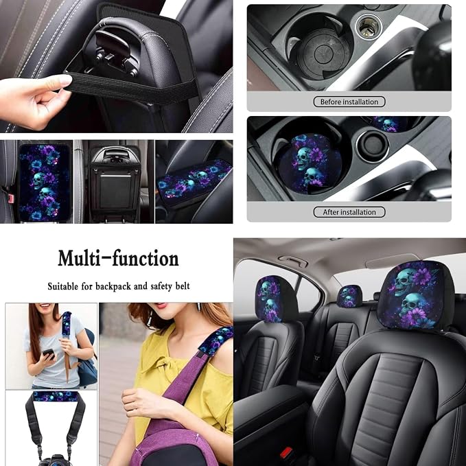 Skull Floral Printed Auto Seat Protector with Stretchable Armrest Pad Cover Waterproof Lipstick Holder Keychain Car Coaster Non Slip Car Seat Cover Full Set Auto Accessories Set, 15 Pack