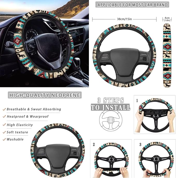 KEIAHUAN Tribal Aztec Horse 11 Piecce Car Seat Cover Full Set Front and Rear Split Bench Auto Seat Covers Handbrake Cover &Gear Shift Knob Cover Headrest Cover Coasters Women Men