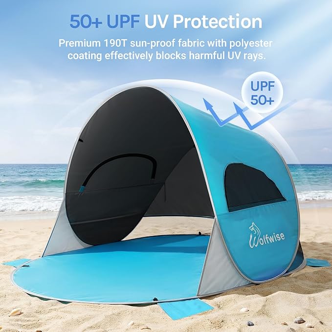 Wolfwise Pop up Beach Tent Sun Shelter with UPF50+ UV Protection, Instant Easy Setup Popup Beach Shade Canopy for 3 Person, Portable & Foldable with Carring Bag, 87 ×57×47 in, Black Coating
