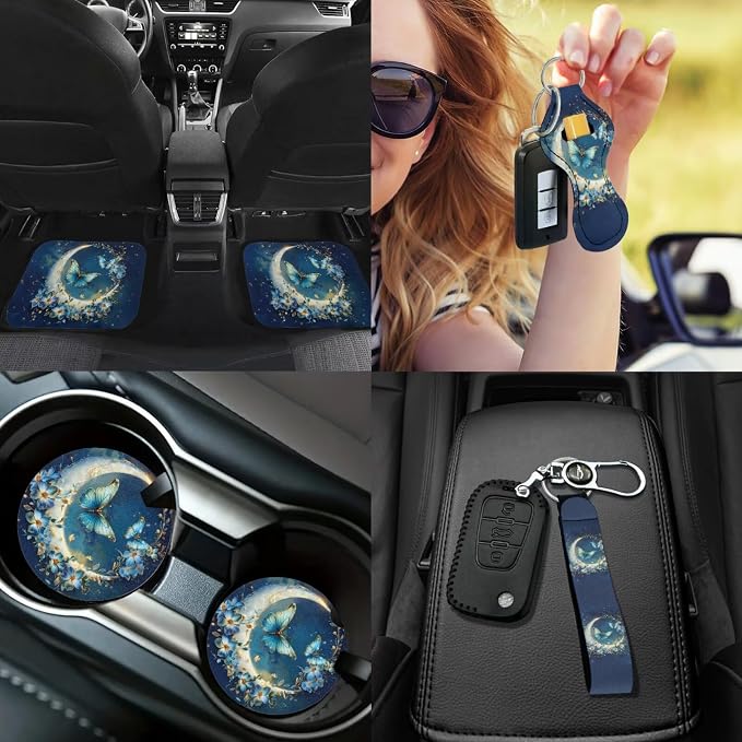 Butterfly Car Accessories Set 17 Pack Stars Moon Butterfly Car Seat Covers Full Set with Car Mats Full Set,Cup Coaster,Center Console Cover,Seat Belt Shoulder Pad,Lip Balm Keychain Holder