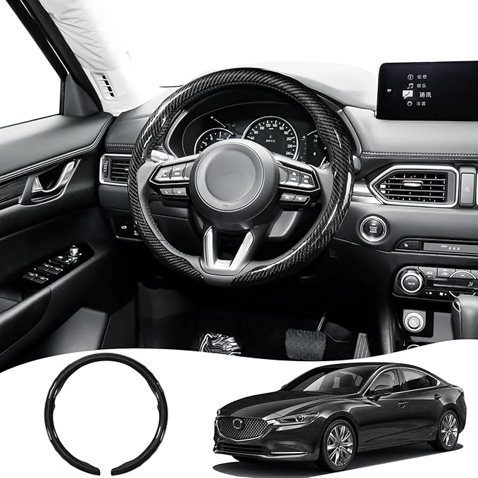 Car Steering Wheel Cover for Mazda 3, 5, 6, CX-3, CX-5, CX-30, CX-50, CX-9, CX-90, MX-5 Carbon Fiber Pattern Protective Cover - Black Compatible with 15-inch Wheels Decorative Modification Accessories