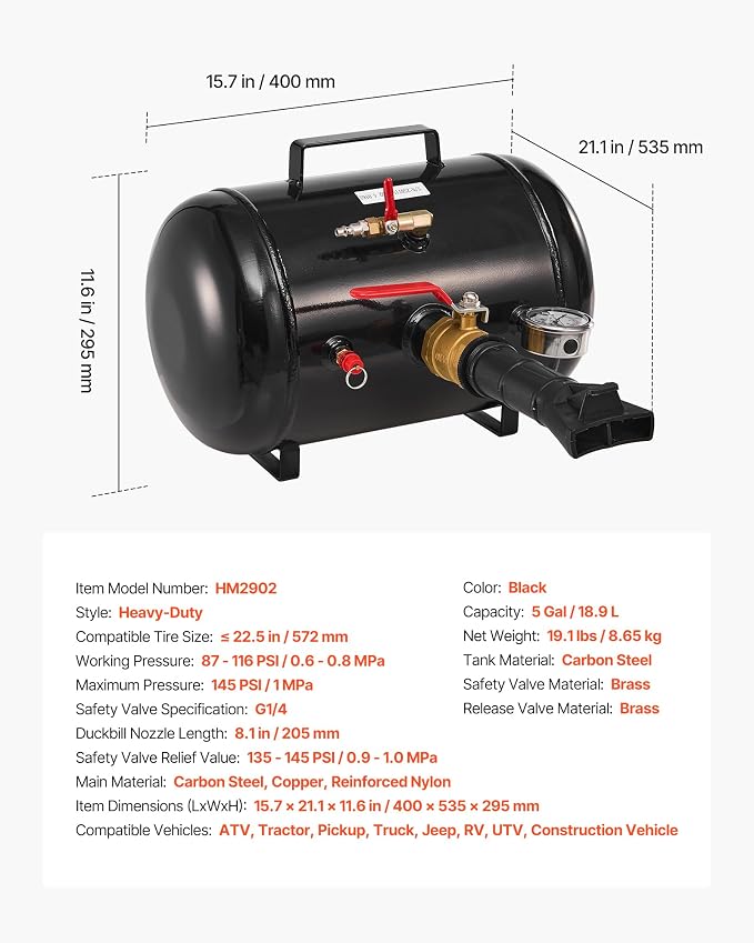 VEVOR Air Tire Bead Seater, 5 Gal / 18.9 L, Heavy Duty Tire Bead Blaster Tool, 87-116 PSI Operating Pressure, Air Trigger Seating Inflator for Pickup, Truck, ATV, Jeep, Van, Lawn Tractor, RV, Black