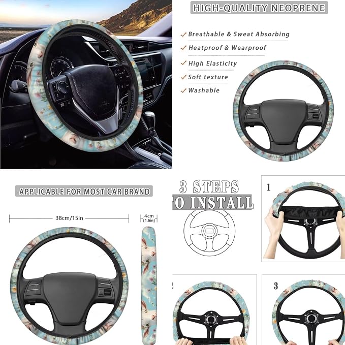 11 Pack Goat Car Seat Covers Set (4 Front Rear Split Bench Seat Cushion Cover/1 Steering Wheel Wrap/2 Coasters/2 Shift Knob Handbrake Protector/2 Seatbelt Pad Wrap, Floral Auto Accessories
