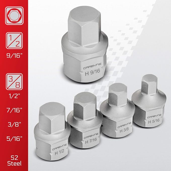 CARBYNE 9-Piece SAE Stubby Low Profile Hex (Allen) Bit Socket Set, 1/8 to 9/16 in., S2 Steel, Super Short Allen Sockets, Dual Drive Internal Square and External Hex for Tight Confined Spaces