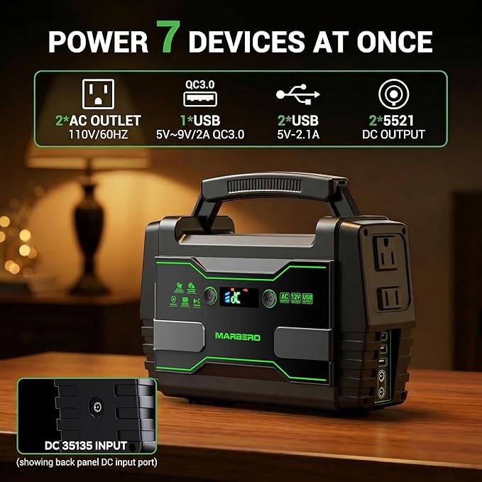 MARBERO Solar Generator 155Wh with 30W Solar Panel Portable Power Station with 2x 100W AC Outlets(Peak 150W), QC3.0 USB UL Certified for Home Blackout, Camping, RV Travel, Ultra-Light & Silent Fan
