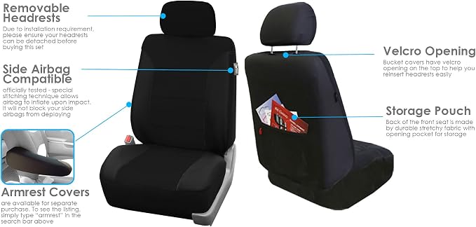FH Group FB065115 + F11306 Classic Khaki Seat Covers (Black) Full Set – Universal Fit for Cars Trucks & SUVs