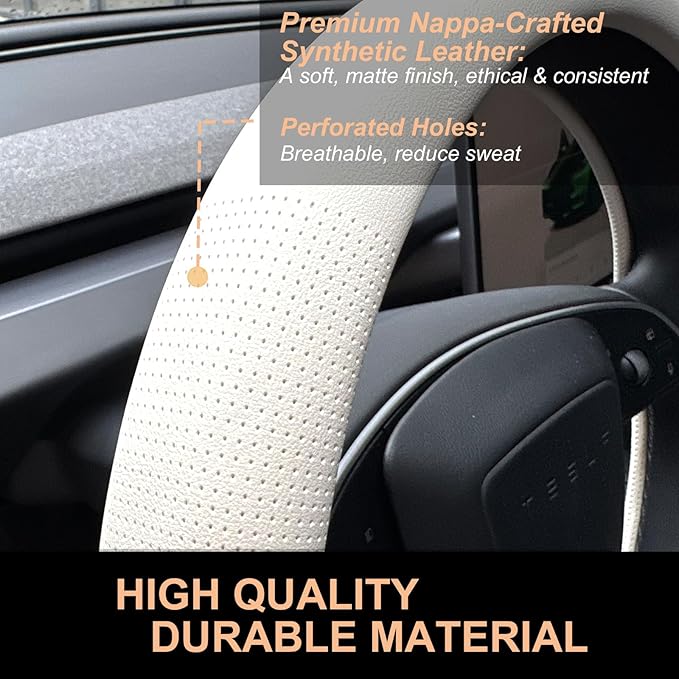 PINCTROT Nappa Leather Steering Wheel Cover for Tesla Model Y/3 Highland/Juniper, D Shaped 14 Inch Small Sized with Breathable Perforation, Fit Like Gloves, Flat Bottom 14 Inch(Nappa White)