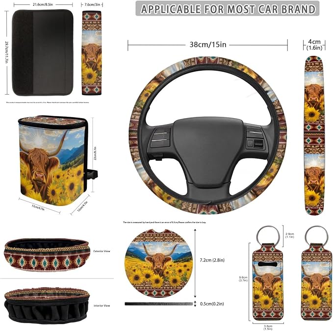 Sunflower Highland Cow Car Seat Covers Set of 12 Seat Belt Pad Cover Steering Wheel Cover Car Trash Can Rear View Mirror Cover Cup Coasters Keychains Keychain Holder