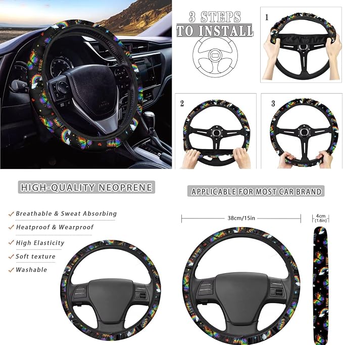 AFPANQZ Car Seat Covers Full Set of 11 Interior Accessories Protector Hand Brake Gear Shift Knob Cover, Rainbow Love Butterfly Seat Belt Pads, Steering Wheel Cover Fit Car Truck SUV