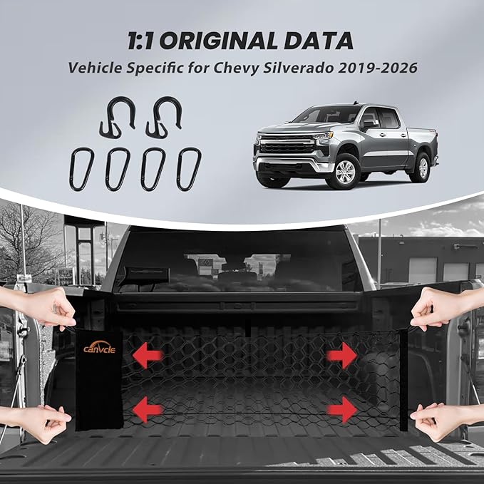 Truck Bed Cargo Net for 2019-2026 Chevy Silverado & GMC Sierra 1500/2500HD/3500HD, Envelope Style Pickup Truck Bed Net for Silverado Accessories, Upgraded Trunk Cargo Net Storage Bag
