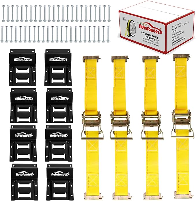 Vehicle Wheel Chock Tie Down kit 4500lb Break Strength-4 Pack 2" x9' E Track Straps-Ultimate Heavy Duty Trailer Tire Strap System for ATV,UTV,Lawn Mower