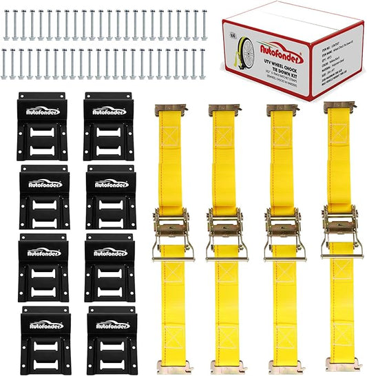Vehicle Wheel Chock Tie Down kit 4500lb Break Strength-4 Pack 2" x9' E Track Straps-Ultimate Heavy Duty Trailer Tire Strap System for ATV,UTV,Lawn Mower