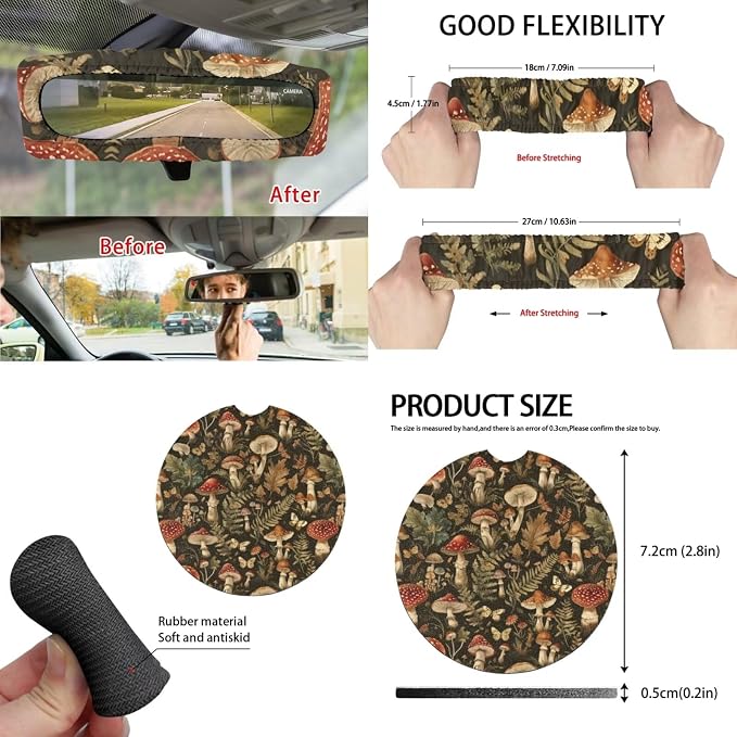 Mushroom Car Seat Covers Full Set for Women Universal Car Accessories - Steering Wheel Cover Seatbelt Covers Car Coasters Trash Bag Rearview Mirror Cover Keychain