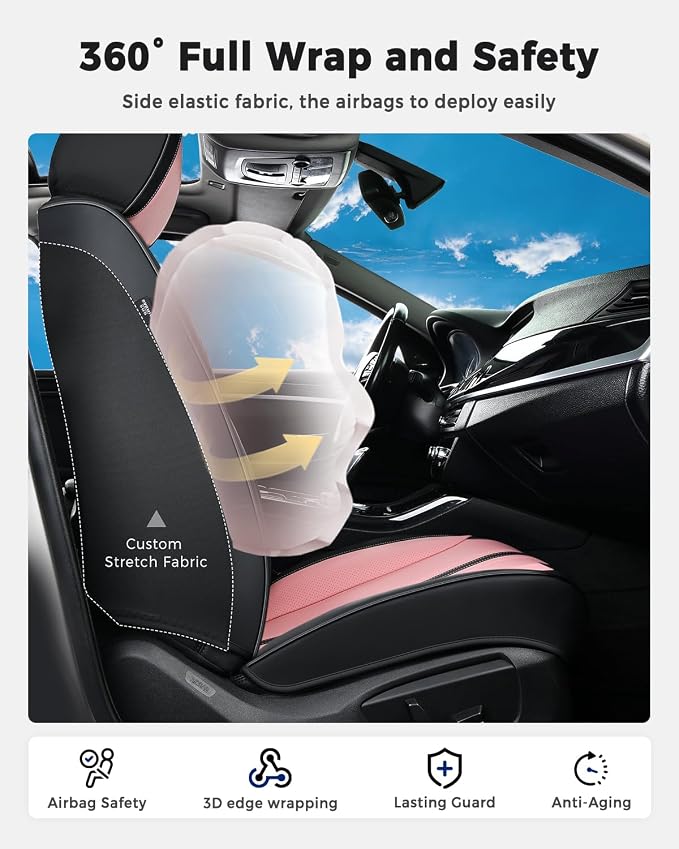 Huidasource Car Seat Covers Front Seats, Luxury Faux Leather Front Seat Covers, Compatible with Airbags, Seatbelt Buckles, Cooling＆Heating, Universal Fit for Most Cars, Vans, Trucks, SUVs, Black＆Pink