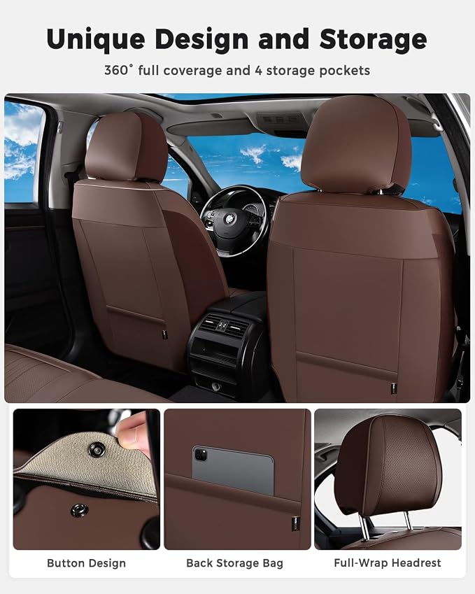 Huidasource Coffee Front Seat Cover, Luxury Faux Leather Front Car Seat Cover, Compatible with Airbags, Seatbelt Buckles, Perforation, Cooling＆Heating, Universal Fit for Most Cars, Vans, Trucks, SUVs