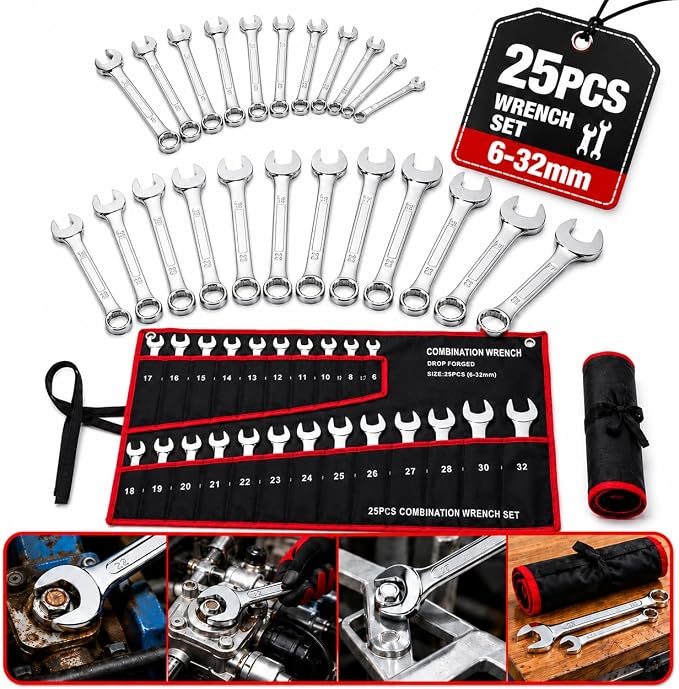 NOLITOY 25-Piece Double-Ended Wrench Set Mechanics Tool Set with Canvas Bag for Automotive Plumbing and Home Repair Precision-Made Hand Tools for Professional and Household Maintenance