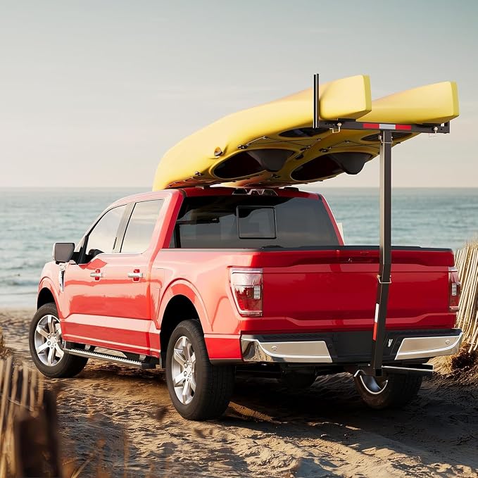 ECOTRIC 750lbs Capacity Black Truck Bed Extender Pickup Truck Bed Hitch Mount Extension Rack SUV Lumber Ladder Canoe Boat Kayak Long Pipes w/Flag - Powder Coated Steel