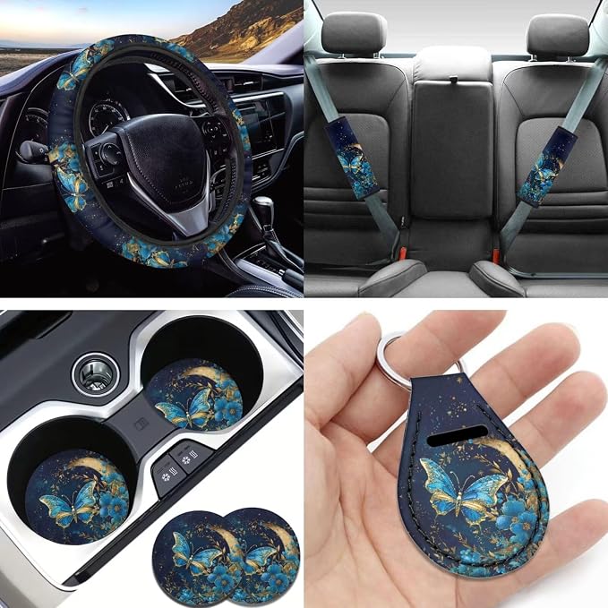 11Pcs Butterfly Car Accessory Interior Full Sets Blue Moon Butterfly Car Seat Covers Auto Seat Protection with 15Inch Neoprene Steering Wheel Cover Seatbelt Pads Keychain Seatbelt Pad