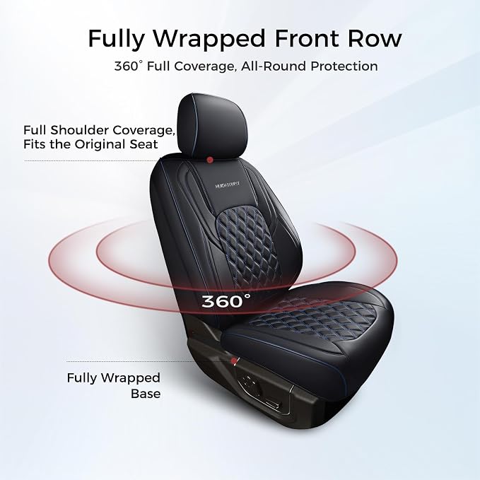 Huidasource Front Seat Covers for Dodge Ram, Leather Car Seat Cushion Cover Fit for 2009-2018 ram 1500, 2010-2025 ram 2500/3500 Crew/Mega Cab, 2019-2025 ram 1500 Classic Only (Flat Front/Black&Blue)