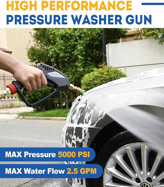 TOOLCY Pressure Washer Gun, Short Power Washer Gun, Commercial 5000 PSI / 10.5 GPM, Sturdy Design for Gas Power Washer, with 3/8" Swivel Plug & M22-14mm Male Fitting