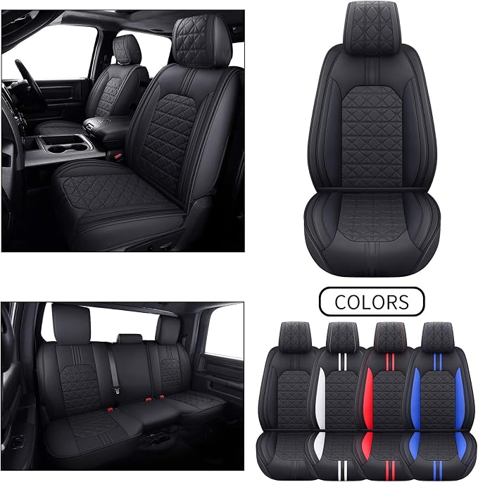 YIERTAI Dodge RAM Seat Covers Fit for 2009-2025 2026 1500HD 2010-2026 2500/3500HD Truck Full Set Crew Double Cab Quad Cab Waterproof Faux Leather Seat Covers(5 PCS Full Set/Black)