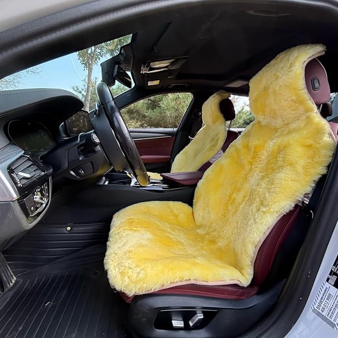 Genuine Natural Sheepskin Car Seat Covers, Fluffy Australian Merino Wool Seat Covers for Car Front Seat Front Seats (Beige)